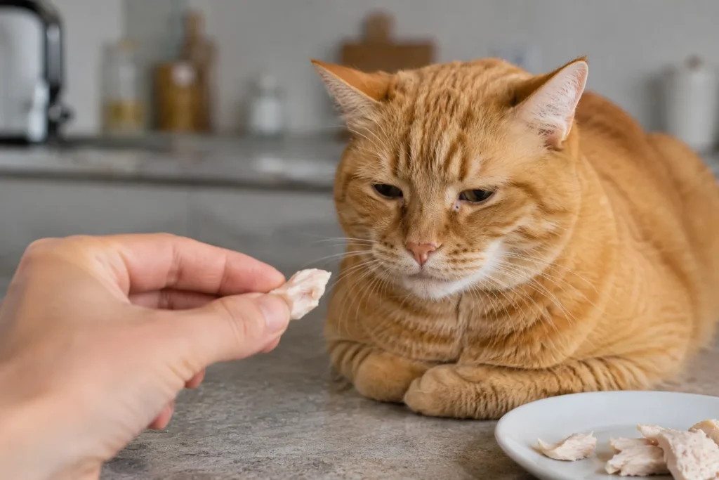 Tutor oferecendo frango cozido para estimular o apetite do gato