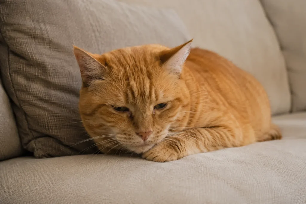 Gato apático e encurvado deitado no sofá, sinal de que algo está errado além da falta de apetite