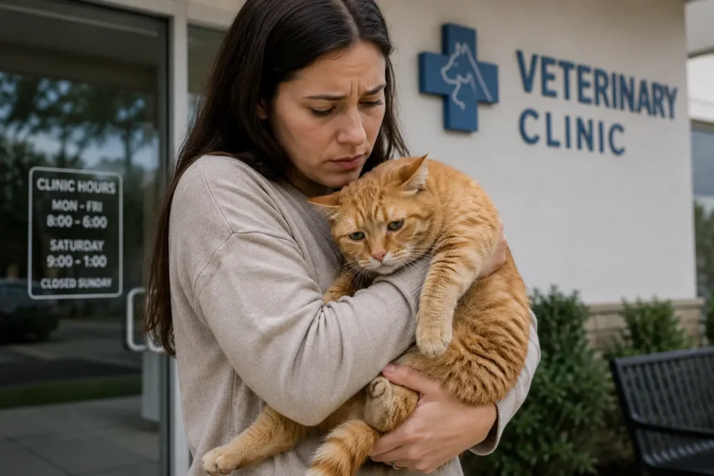 Tutora preocupada carregando gato laranja para consulta veterinária de emergência