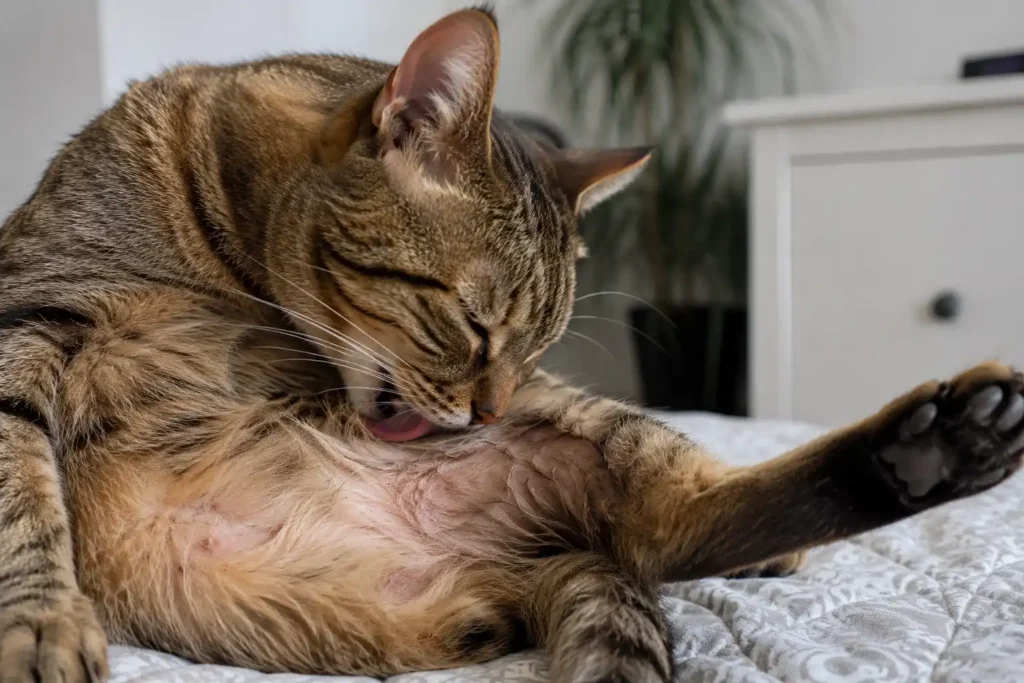 Gato lambendo excessivamente a região genital, um dos principais sintomas de gato com infecção urinária