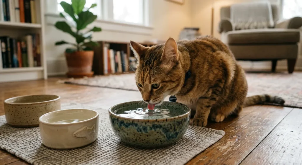 Gato bebendo água em tigela de cerâmica com outros potes ao redor, mostrando a importância da hidratação para prevenir infecção urinária