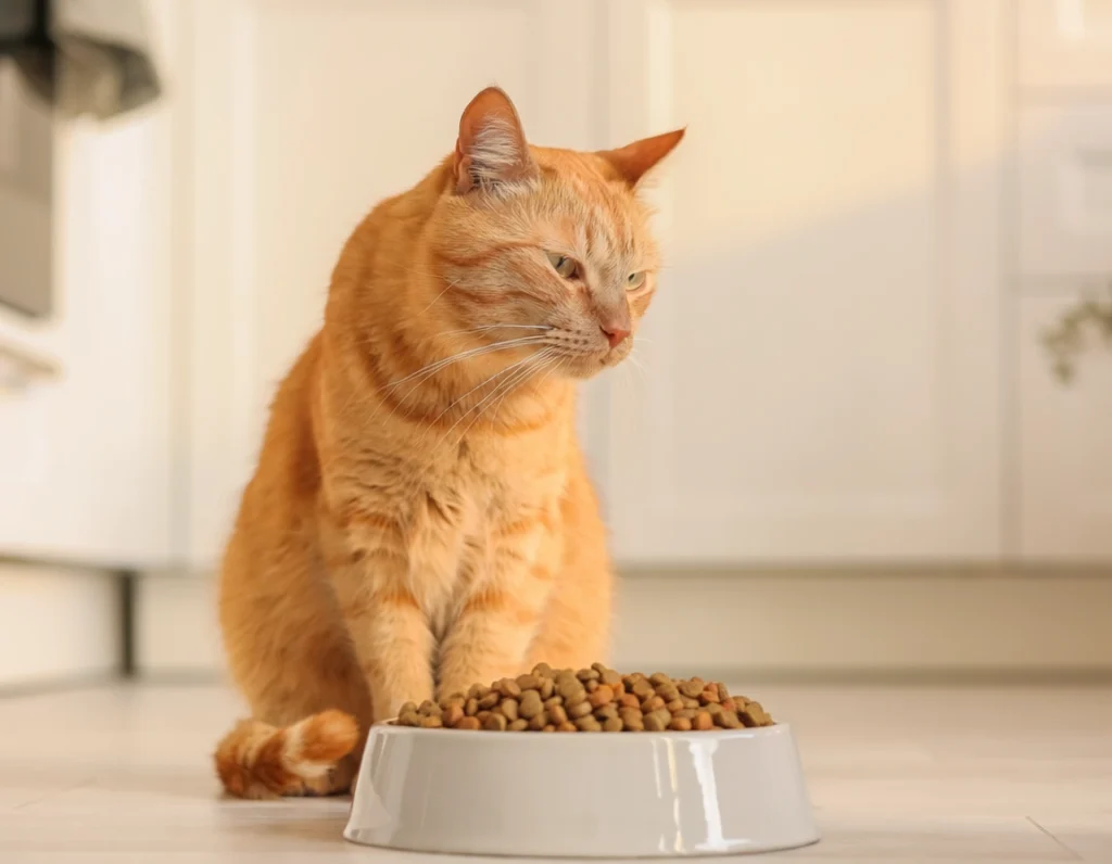 Gato de costas para o pote de ração demonstrando falta de apetite